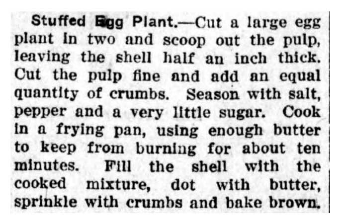 21 Yellville Mountain Echo 9 November 1922 Stuffed Eggplant recipe 1