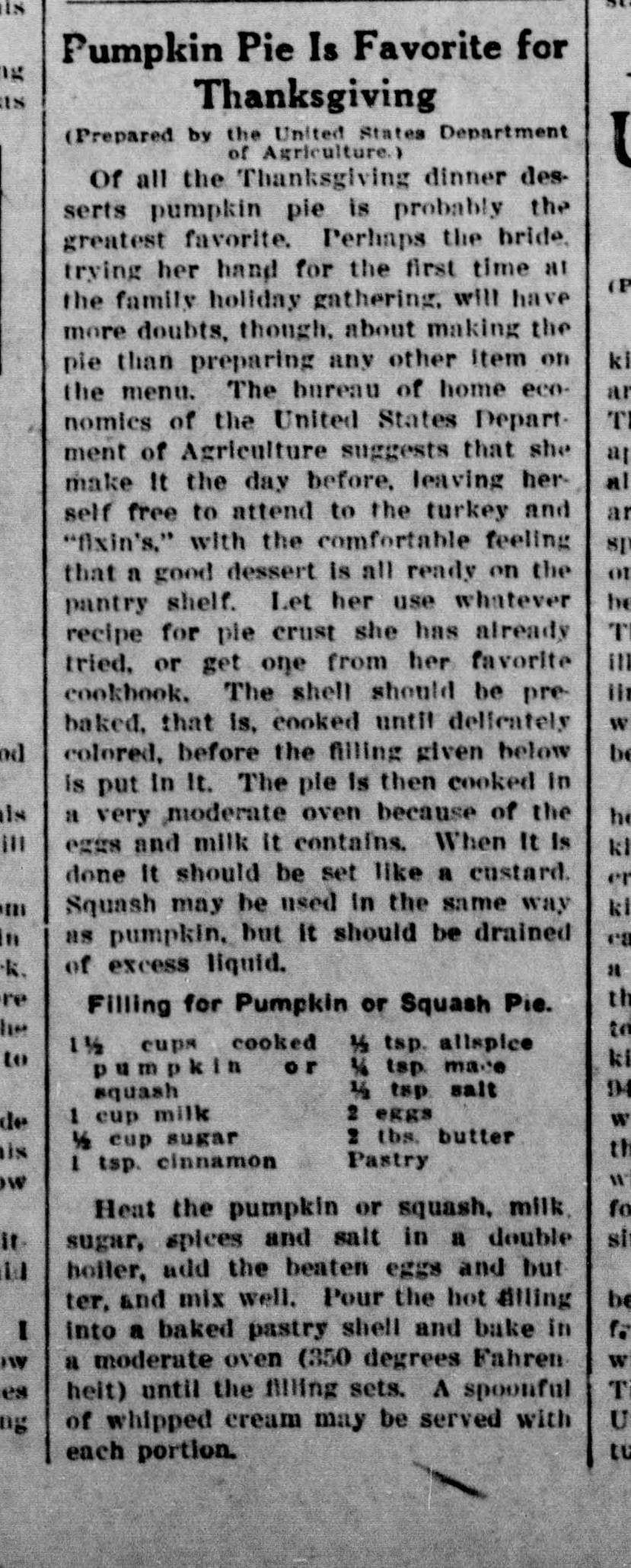 23 Dermott News 23 October 1930 Pumpkin Pie recipe 1