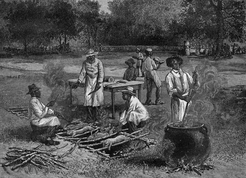 A Southern Barbecue a wood engraving from a sketch by Horace Bradley published in Harpers Weekly July 1887. Public domain